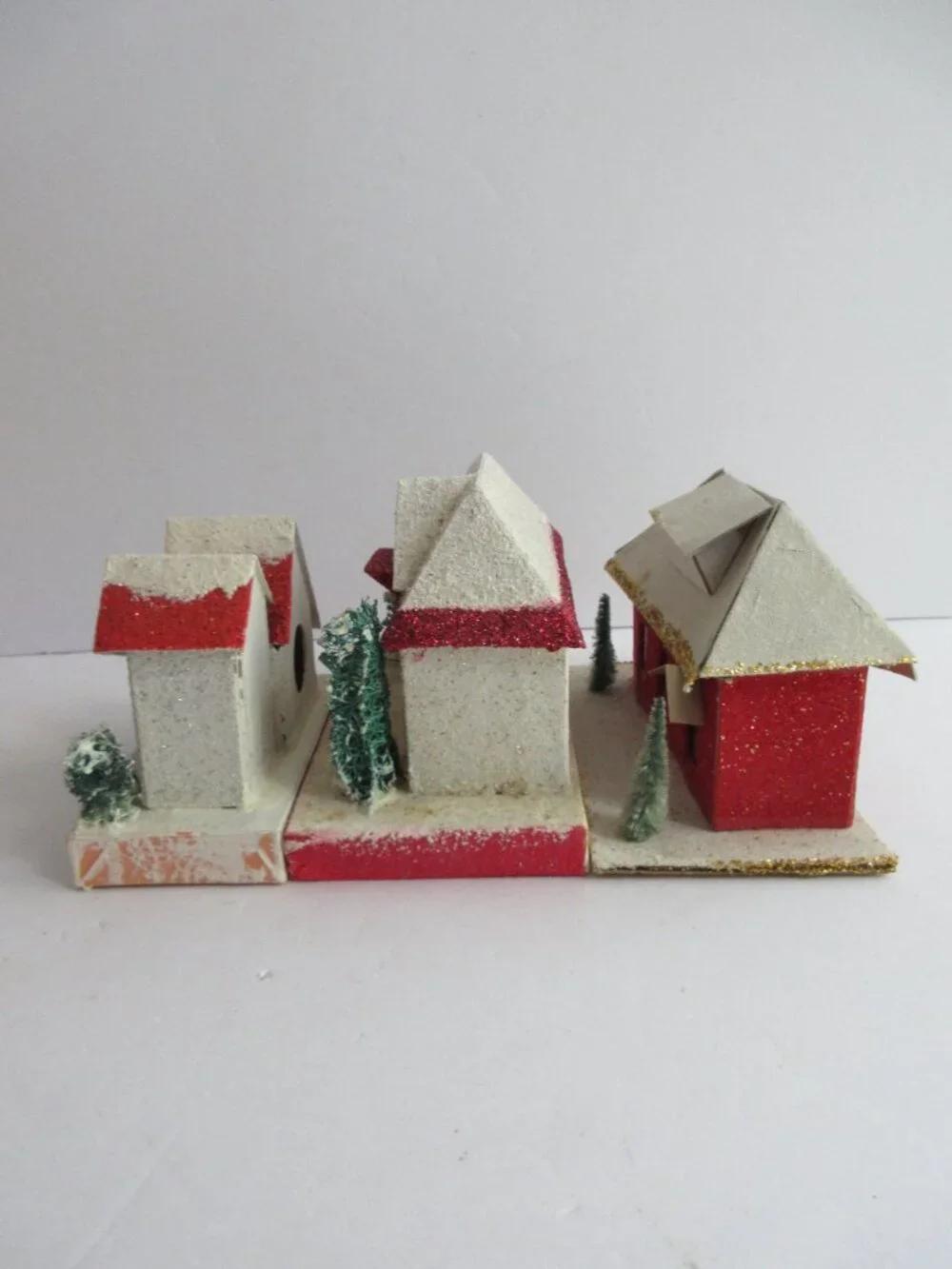 3 Putz Japan Cardboard Christmas Village Red Houses Church, Bottle Brush Trees